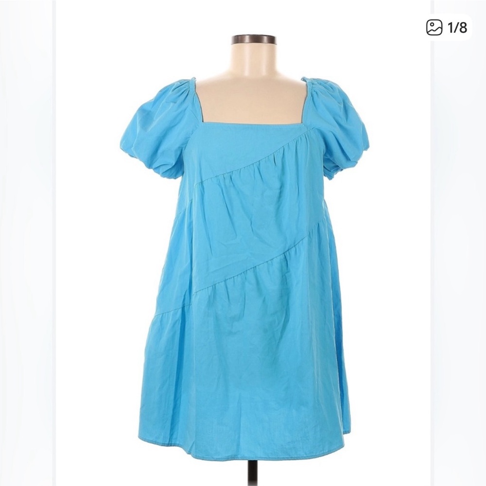 Zara 100% Cotton Bright Blue Puff Sleeve Mini Sundress Ruffle Design Size Small